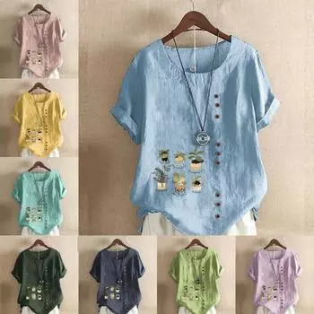 Женская модная футболка с короткими рукавами и принтом милого кота, цветочный горшок, свободная хлопковая рубашка, повседневная свободная летняя блузка, топы больших размеров S розовый