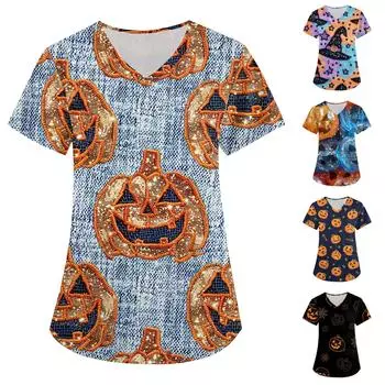 Женская модная футболка с короткими рукавами и v-образным вырезом с пасхальным принтом, маленькая рабочая футболка с карманами XXXL тёмно-синий