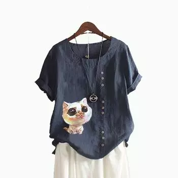 Женская модная футболка с короткими рукавами и принтом кота, летний повседневный пуловер с круглым вырезом, свободные хлопковые льняные блузки S белый