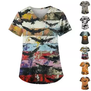 Женская модная футболка с короткими рукавами и v-образным вырезом с пасхальным принтом, маленькая рабочая футболка с карманами M серый