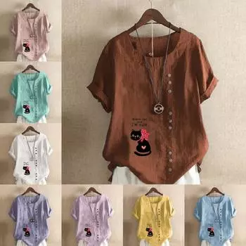 Женская модная футболка с короткими рукавами и принтом милого кота, свободная хлопковая рубашка, повседневная свободная летняя блузка, топы больших размеров S розовый