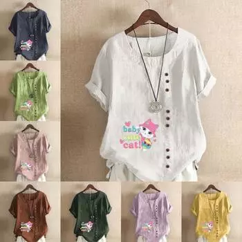 Женская модная футболка с короткими рукавами и принтом милого кота, свободная хлопковая рубашка, повседневная свободная летняя блузка, топы больших размеров S розовый