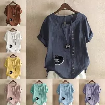 Женская модная футболка с короткими рукавами и принтом черной кошки, свободная хлопковая рубашка, повседневная свободная летняя блузка, топы больших размеров S розовый