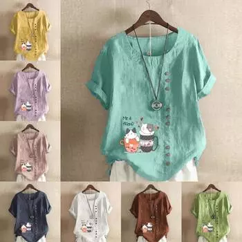 Женская модная футболка с короткими рукавами и принтом милого кота, свободная хлопковая рубашка, повседневная свободная летняя блузка, топы больших размеров S розовый