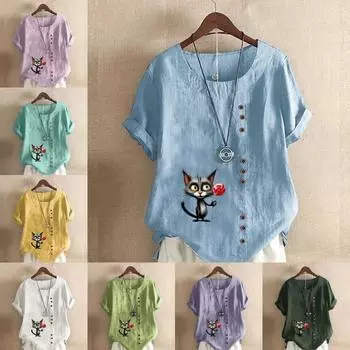 Женская модная футболка с короткими рукавами и принтом милого кота, свободная хлопковая рубашка, повседневная свободная летняя блузка, топы больших размеров S розовый