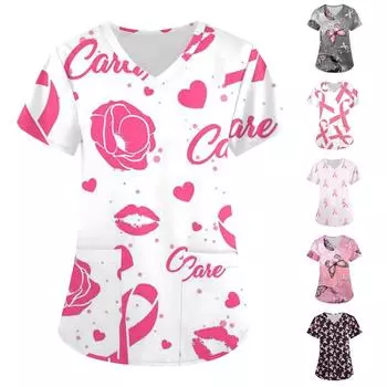 Женская модная футболка с короткими рукавами и v-образным вырезом с пасхальным принтом, маленькая рабочая футболка с карманами S