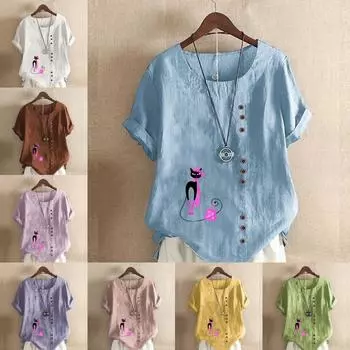 Женская модная футболка с короткими рукавами и принтом черной кошки, свободная хлопковая рубашка, повседневная свободная летняя блузка, топы больших размеров S розовый