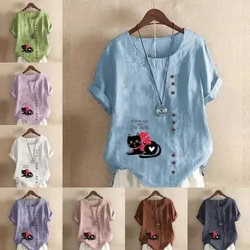 Женская модная футболка с короткими рукавами и принтом черной кошки, свободная хлопковая рубашка, повседневная свободная летняя блузка, топы больших размеров S розовый