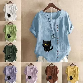 Женская модная футболка с короткими рукавами и принтом черной кошки, свободная хлопковая рубашка, повседневная свободная летняя блузка, топы больших размеров S розовый