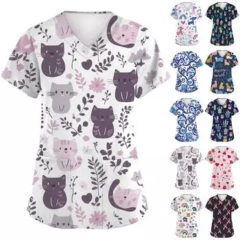 Женская модная футболка с короткими рукавами и v-образным вырезом с принтом, маленькая рабочая футболка с карманами XXXXXL бежевый