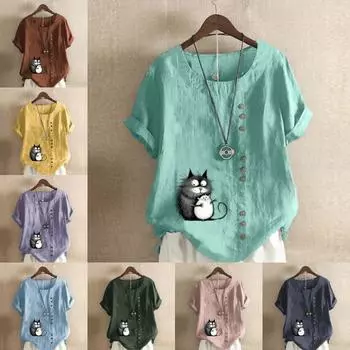 Женская модная футболка с короткими рукавами и принтом черной кошки, свободная хлопковая рубашка, повседневная свободная летняя блузка, топы больших размеров S розовый