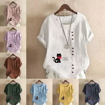 Женская модная футболка с короткими рукавами и принтом черной кошки, свободная хлопковая рубашка, повседневная свободная летняя блузка, топы больших размеров S розовый