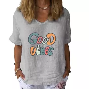 Женская модная футболка с короткими рукавами и принтом, летняя повседневная льняная тонкая женская блузка-пуловер S