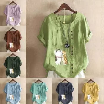 Женская модная футболка с короткими рукавами с милым принтом кошек, свободная хлопковая рубашка, повседневная свободная летняя блузка, топы больших размеров S розовый