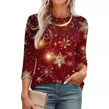 Женская модная футболка с круглым вырезом и рукавом 3/4 с рождественскими принтами, повседневная базовая плиссированная футболка-пуловер L