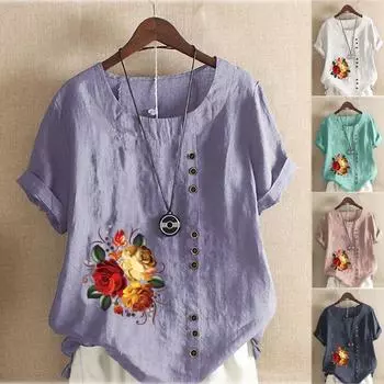 Женская модная футболка с круглым вырезом и коротким рукавом, повседневная хлопковая льняная рубашка с рисунком, свободная летняя блузка с принтом цветов и растений для отдыха, топы больших размеров M розовый