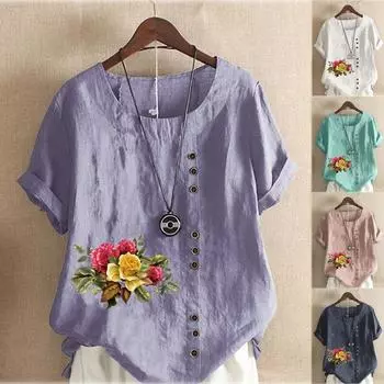 Женская модная футболка с круглым вырезом и коротким рукавом, повседневная хлопковая льняная рубашка с рисунком, свободная летняя блузка с принтом цветов и растений для отдыха, топы больших размеров M розовый