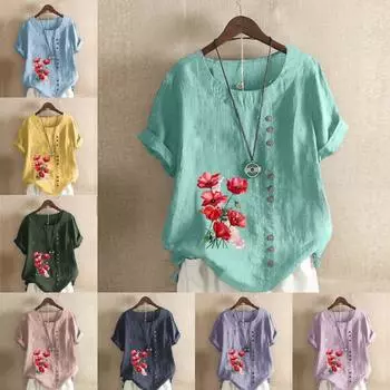 Женская модная футболка с круглым вырезом и коротким рукавом, повседневная хлопковая льняная рубашка с рисунком, свободная летняя блузка с сафлоровым принтом для отдыха, топы больших размеров S розовый