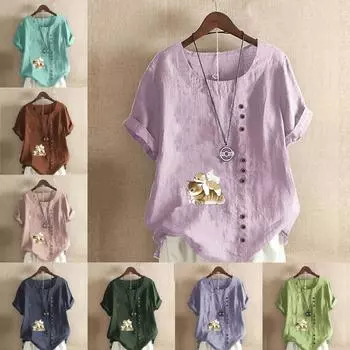 Женская модная футболка с круглым вырезом и короткими рукавами с принтом кошек, повседневная хлопково-льняная рубашка с рисунком, свободная летняя блузка для отдыха, топы S розовый