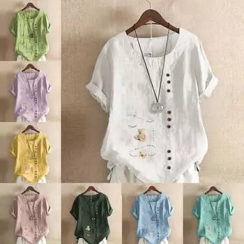 Женская модная футболка с круглым вырезом и коротким рукавом, повседневная рубашка из хлопка и льна с рисунком, свободная летняя блузка с принтом в виде маленького медведя, топы S розовый