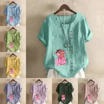 Женская модная футболка с круглым вырезом и коротким рукавом, повседневная рубашка из хлопка и льна с рисунком, свободная летняя блузка с розовым принтом и мышиным принтом S розовый