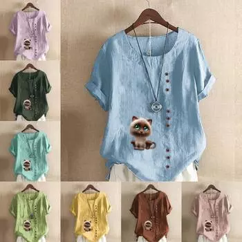 Женская модная футболка с круглым вырезом и коротким рукавом, повседневная хлопково-льняная рубашка с рисунком, свободная летняя блузка с принтом кота для отдыха, топы S розовый