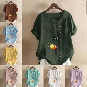 Женская модная футболка с круглым вырезом и коротким рукавом с принтом в виде звезд и воздушных шаров, повседневная рубашка из хлопка и льна с графическим принтом, свободная летняя блузка для отдыха, топы S розовый