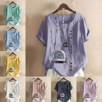 Женская модная футболка с круглым вырезом и коротким рукавом с принтом «Хрустальный шар», повседневная хлопково-льняная рубашка с рисунком, свободная летняя блузка для отдыха, топы S розовый