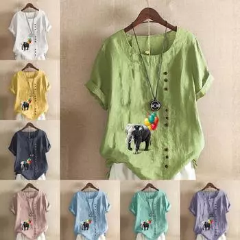 Женская модная футболка с круглым вырезом и короткими рукавами с принтом слонов, повседневная хлопково-льняная рубашка с рисунком, свободная летняя блузка для отдыха, топы S розовый