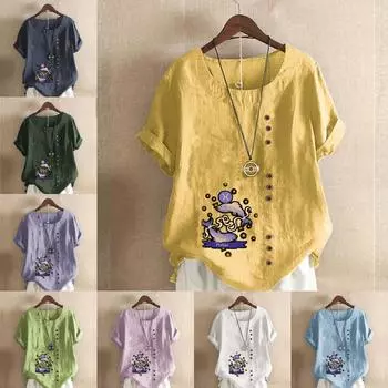 Женская модная футболка с круглым вырезом и коротким рукавом с рыбным принтом, повседневная хлопково-льняная рубашка с рисунком, свободная летняя блузка для отдыха, топы S розовый