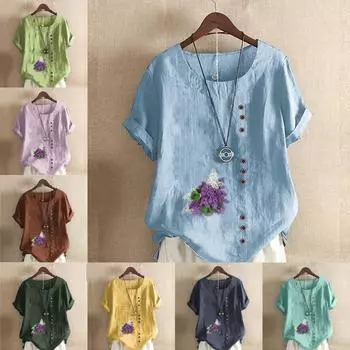 Женская модная футболка с круглым вырезом и коротким рукавом, повседневная хлопково-льняная рубашка с рисунком, свободная летняя блузка с лавандовым принтом для отдыха, топы S розовый