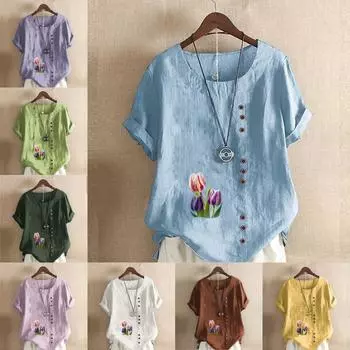 Женская модная футболка с круглым вырезом и коротким рукавом, повседневная хлопково-льняная рубашка с рисунком, летняя блузка с принтом тюльпанов, топы S розовый