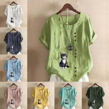 Женская модная футболка с круглым вырезом и короткими рукавами с принтом кота, повседневная хлопково-льняная рубашка с рисунком, свободная летняя блузка для отдыха, топы S розовый