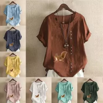 Женская модная футболка с круглым вырезом и коротким рукавом, повседневная рубашка из хлопка и льна с рисунком, свободная блузка с принтом белки, топы S розовый