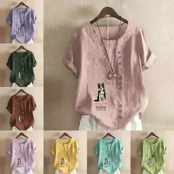 Женская модная футболка с круглым вырезом и коротким рукавом, повседневная хлопковая льняная рубашка с рисунком, свободная летняя блузка с принтом для отдыха с милой собакой, топы S розовый