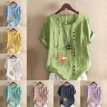 Женская модная футболка с круглым вырезом и коротким рукавом, повседневная хлопковая льняная рубашка с рисунком, свободная летняя блузка с принтом «спящая лиса» для отдыха, топы S розовый