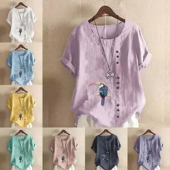 Женская модная футболка с круглым вырезом и коротким рукавом, повседневная рубашка из хлопка и льна с рисунком, свободная летняя блузка с принтом попугаев, топы S розовый