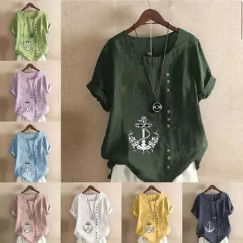 Женская модная футболка с круглым вырезом и коротким рукавом с принтом якоря, повседневная рубашка из хлопка и льна с графическим принтом, свободная летняя блузка для отдыха, топы S розовый