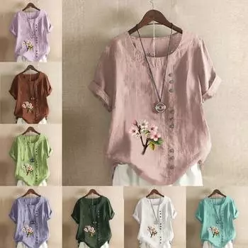 Женская модная футболка с круглым вырезом и коротким рукавом, повседневная хлопковая льняная рубашка с графическим принтом, свободная летняя блузка с цветочным принтом, топы S розовый