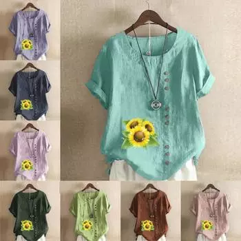 Женская модная футболка с круглым вырезом и коротким рукавом, повседневная хлопковая льняная рубашка с принтом подсолнухов, летняя блузка, топы больших размеров S розовый