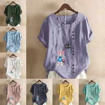 Женская модная футболка с круглым вырезом и коротким рукавом с принтом кролика, повседневная хлопково-льняная рубашка с рисунком, свободная летняя блузка для отдыха, топы S розовый