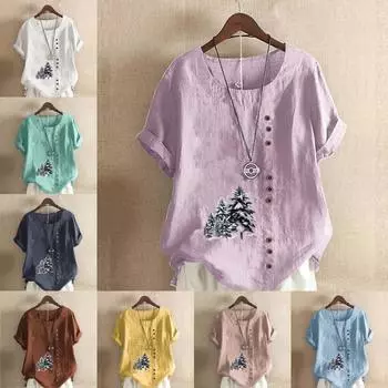Женская модная футболка с круглым вырезом и коротким рукавом с принтом дерева, повседневная хлопково-льняная рубашка с рисунком, свободная летняя блузка для отдыха, топы S розовый