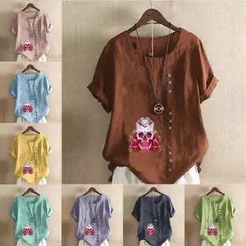 Женская модная футболка с круглым вырезом и коротким рукавом, повседневная хлопковая льняная рубашка с рисунком, свободная летняя блузка с цветочным принтом для отдыха, топы S розовый