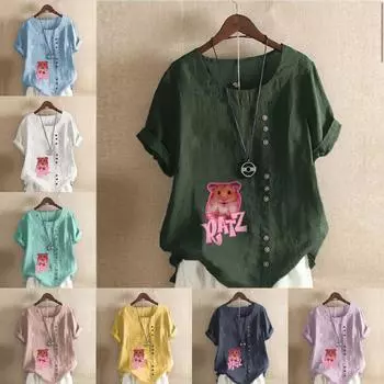 Женская модная футболка с круглым вырезом и коротким рукавом, повседневная рубашка из хлопка и льна с рисунком, свободная летняя блузка с розовым принтом и мышиным принтом S розовый