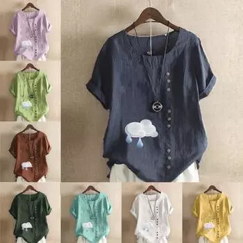 Женская модная футболка с круглым вырезом и коротким рукавом с принтом облаков, повседневная рубашка из хлопка и льна с графическим принтом, свободная летняя блузка для отдыха, топы S розовый