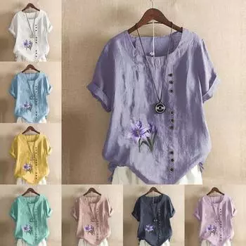 Женская модная футболка с круглым вырезом и коротким рукавом, повседневная хлопковая льняная рубашка с рисунком, свободная летняя блузка с принтом фиолетовых цветов для отдыха, топы S розовый
