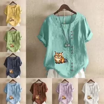 Женская модная футболка с круглым вырезом и коротким рукавом, повседневная рубашка из хлопка и льна с рисунком, свободная летняя блузка с принтом животных, топы S розовый