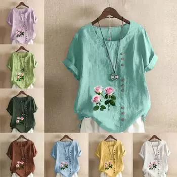 Женская модная футболка с круглым вырезом и коротким рукавом, повседневная рубашка из хлопка и льна с рисунком, свободная летняя блузка с принтом роз, топы S розовый