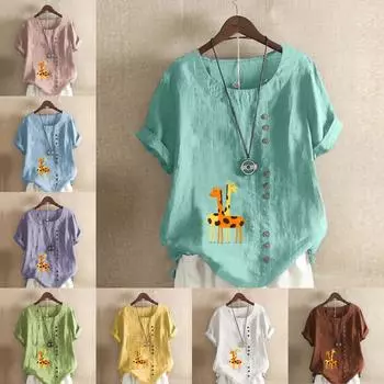 Женская модная футболка с круглым вырезом и коротким рукавом с принтом жирафа, повседневная рубашка из хлопка и льна с рисунком, свободная летняя блузка для отдыха, топы S розовый