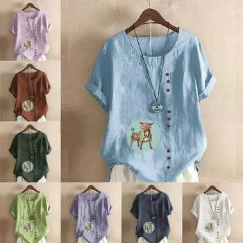 Женская модная футболка с круглым вырезом и коротким рукавом, повседневная хлопковая льняная рубашка с рисунком, летняя блузка с принтом крупного рогатого скота, топы больших размеров S розовый